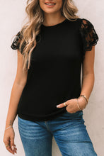Load image into Gallery viewer, Black Lace Ruffle Sleeve Round Neck T Shirt (Preorder)
