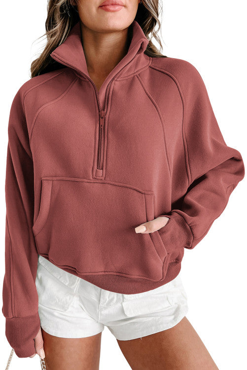Zip Up Stand Collar Ribbed Thumbhole Sleeve Sweatshirt (Preorder)