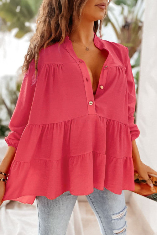Rose Half Buttoned Ruffle Tiered Long Sleeve Blouse (preorder)