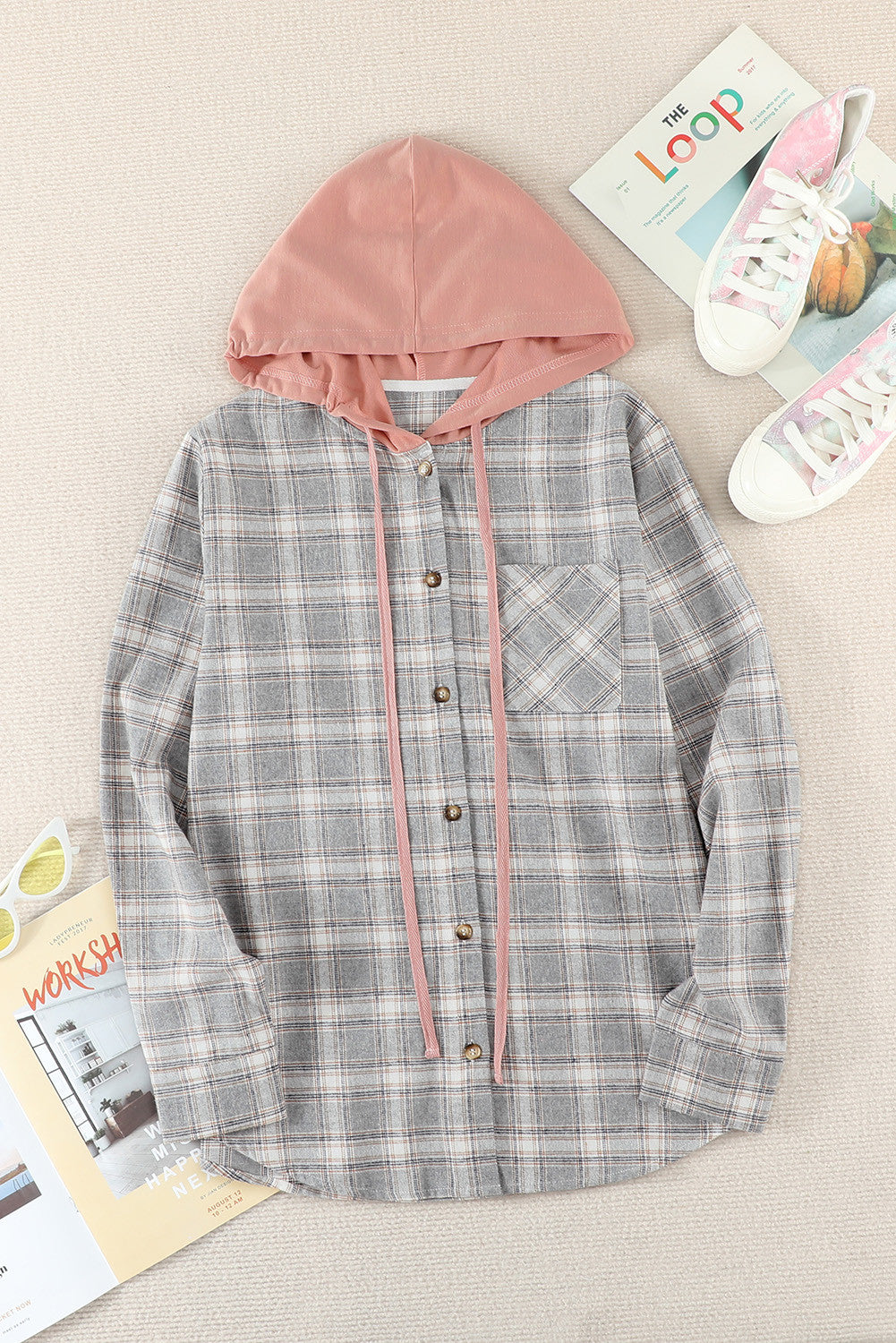 Khaki Drawstring Plaid Hooded Shacket (Preorder)