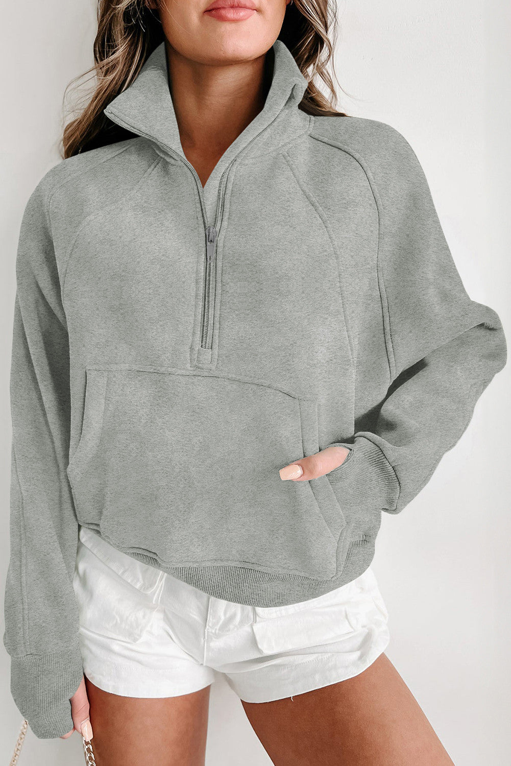 Zip Up Stand Collar Ribbed Thumbhole Sleeve Sweatshirt (Preorder)