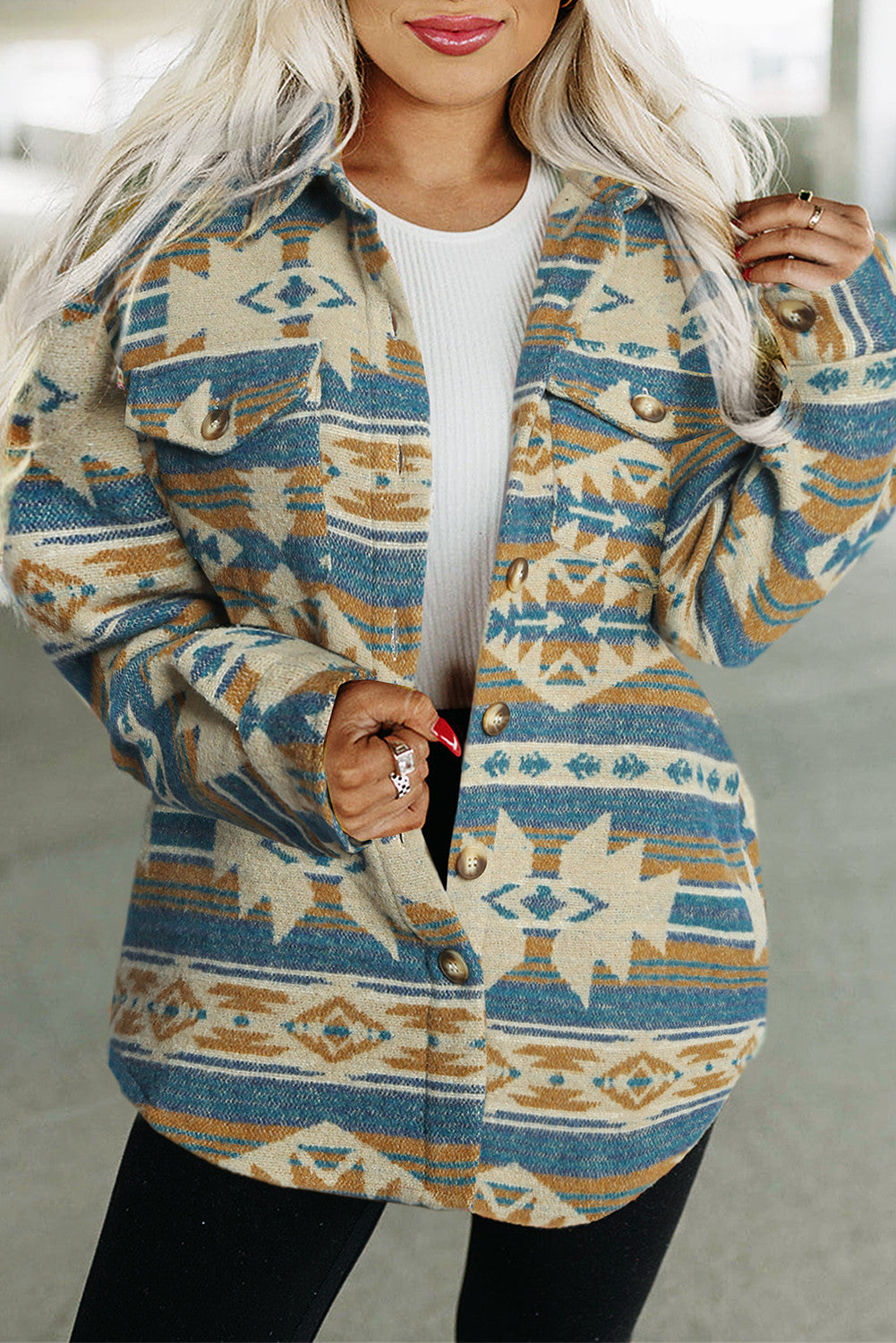 Blue Western Aztec Print Button Flap Pocket Shacket (Preorder)