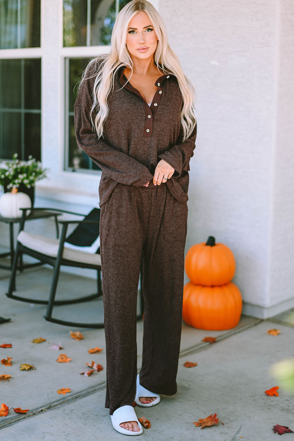 Brown Ribbed Henley Lounge Set (Preorder)