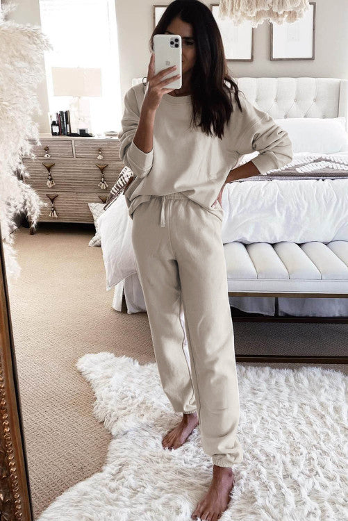 Beige Long Sleeve Top and Drawstring Pants Lounge Outfit (Preorder)