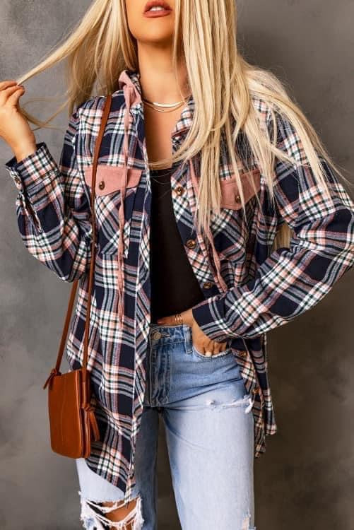 Pink Contrast Hooded Drawstring Plaid Shacket (Preorder)