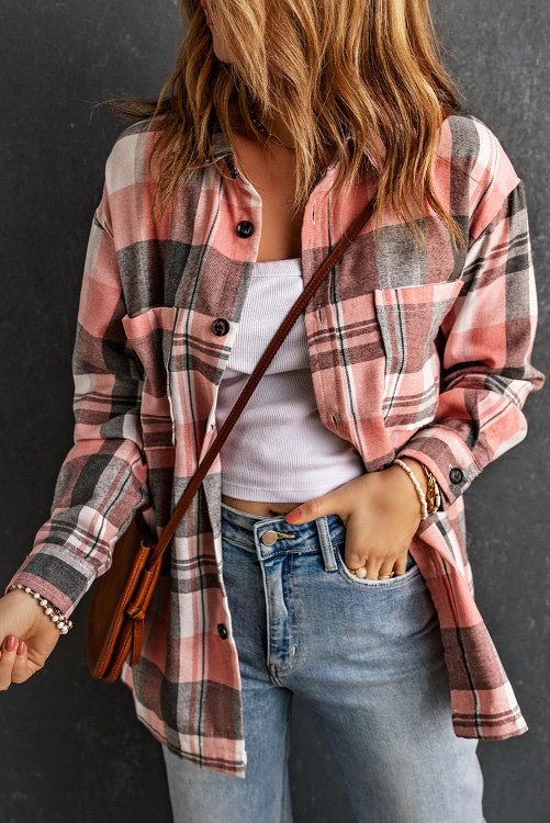 Pink Plaid Button Up Patch Pocket Shirt (Preorder)