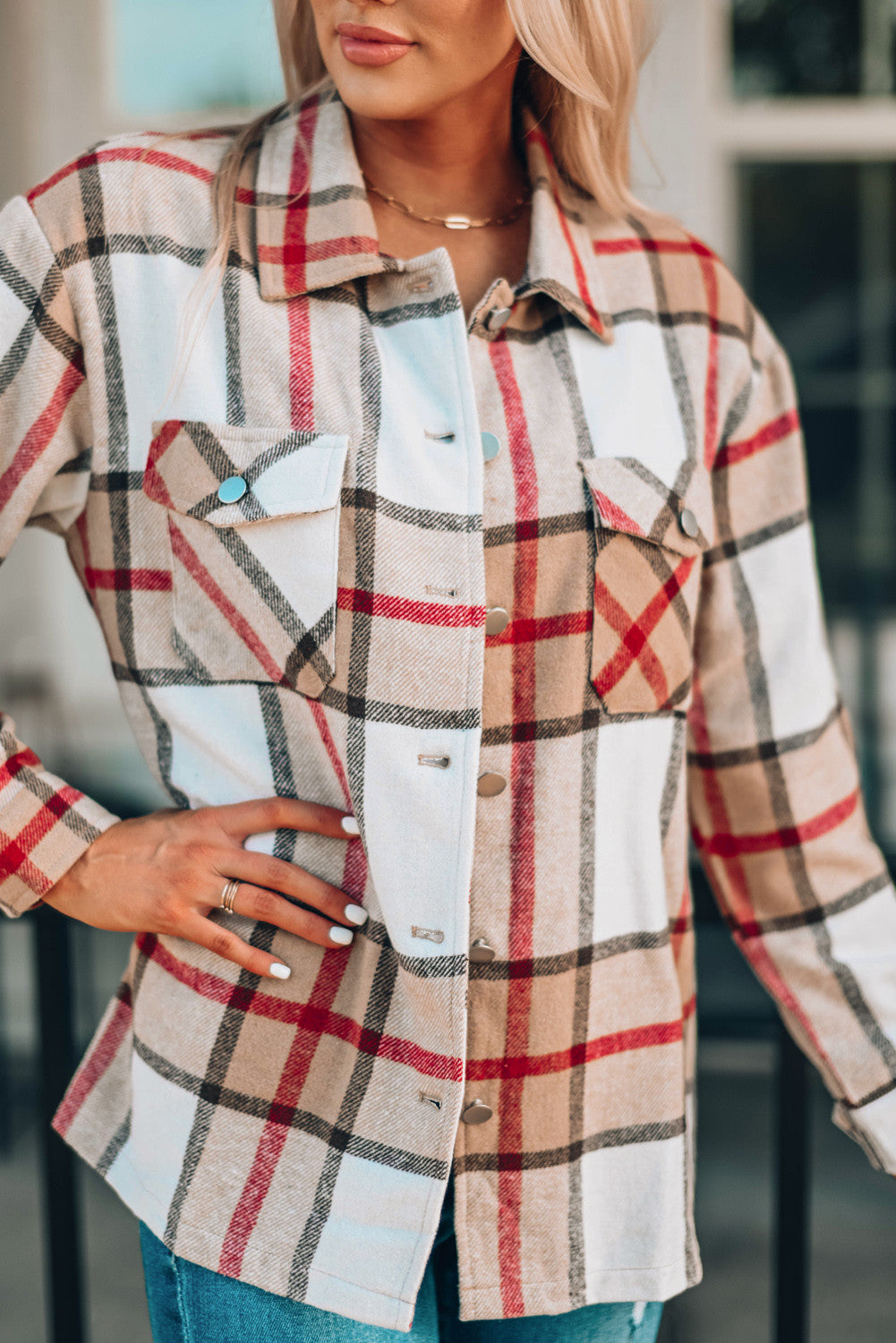 Khaki Plaid Print Buttoned Shirt Coat with Pocket (Preorder)