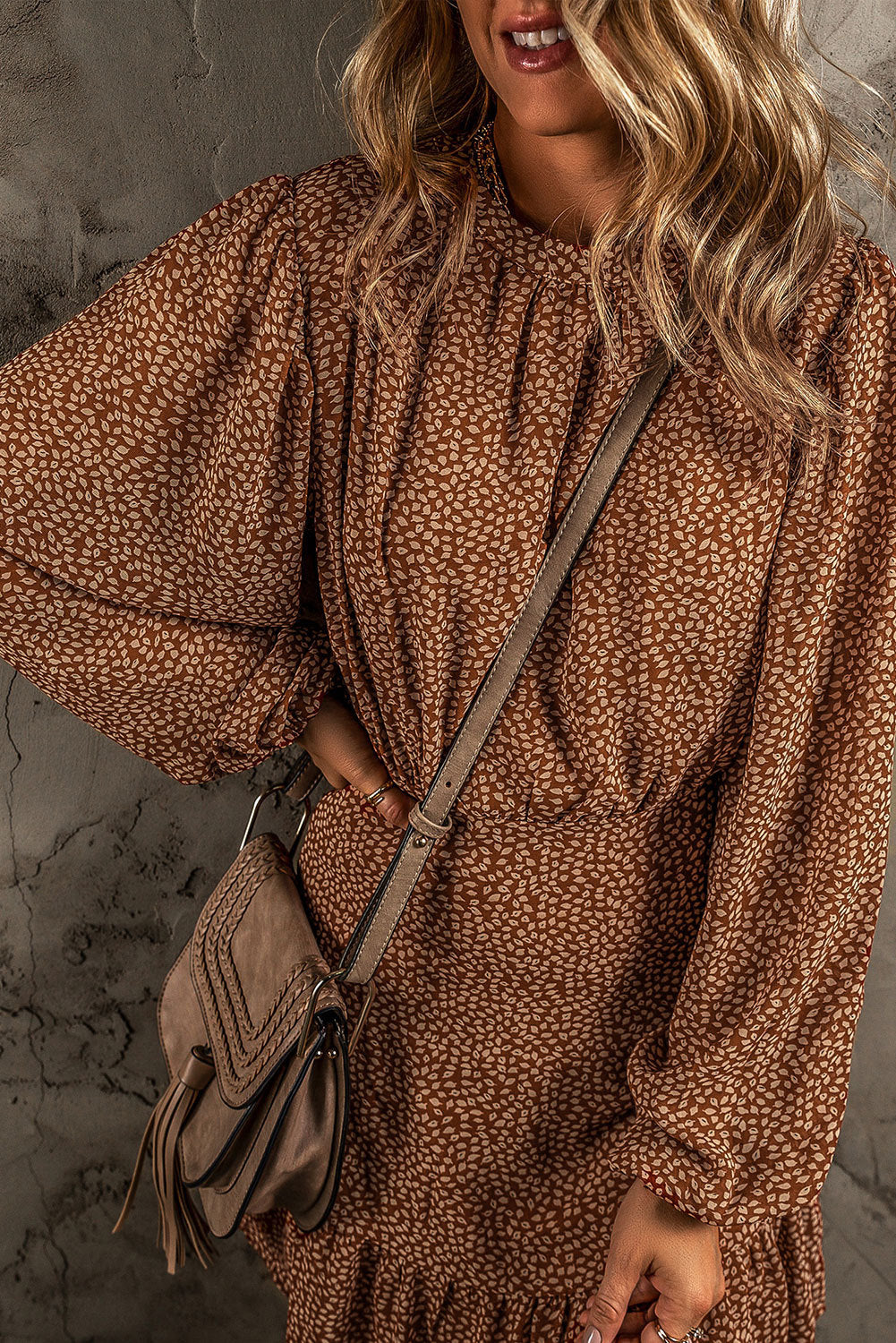 Coffee Leavy Print Long Sleeve Cinched Waist Ruffled Dress (preorder)
