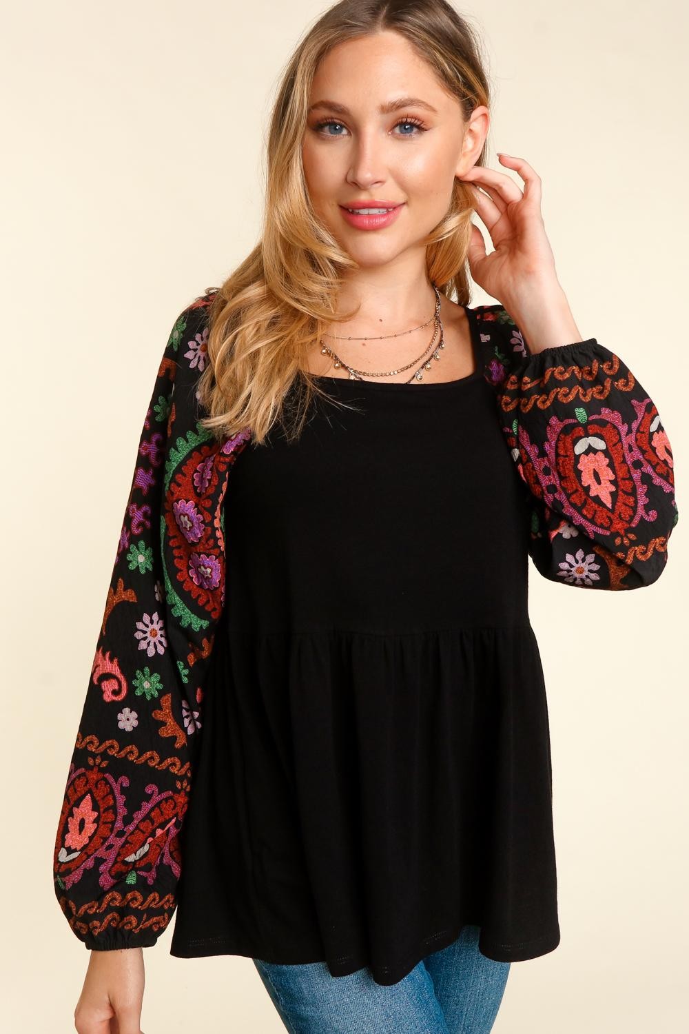 Embroidered Print Peplum Top