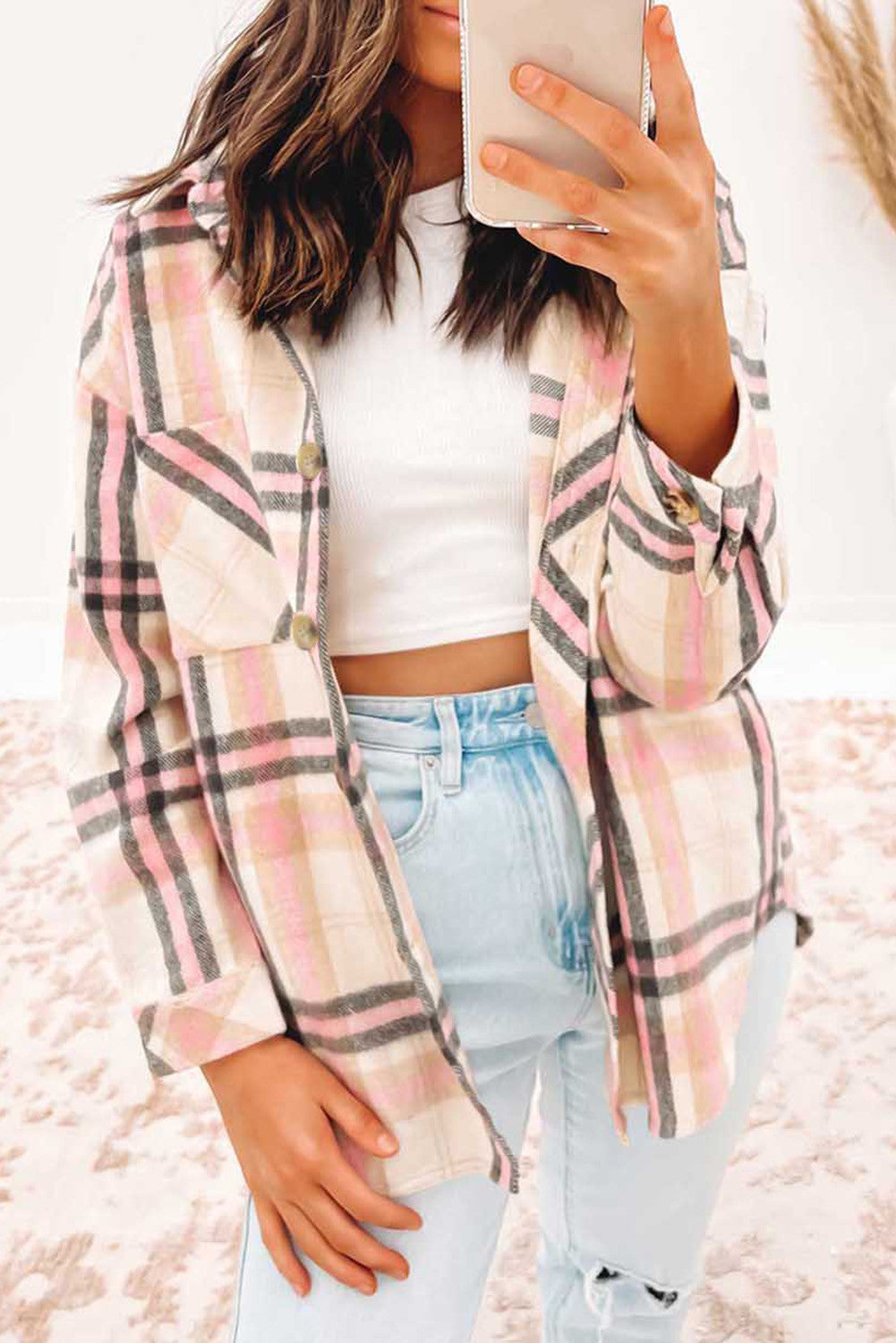Pink Plaid Button Front Chest Pocket Shacket (preorder)