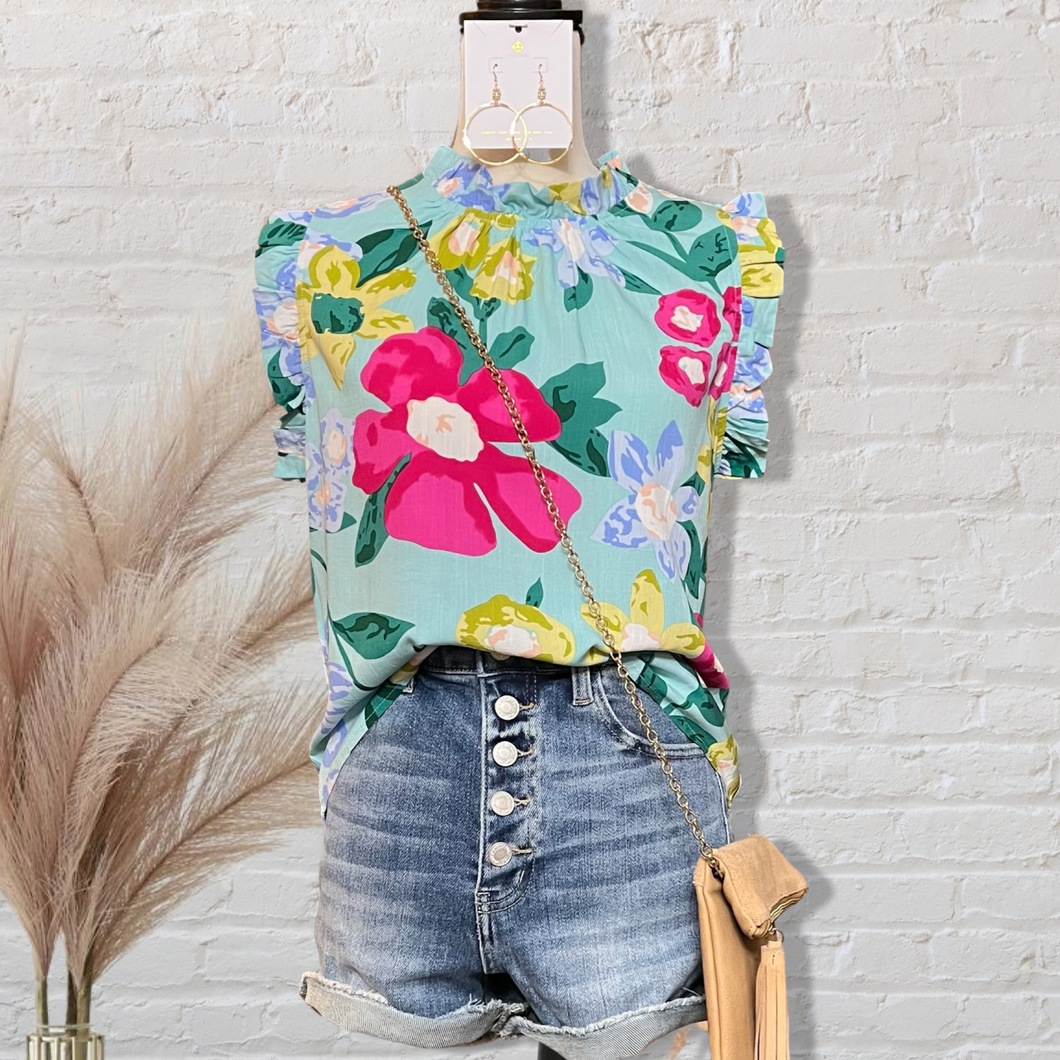 Teal Floral High Neck Top (Preorder)