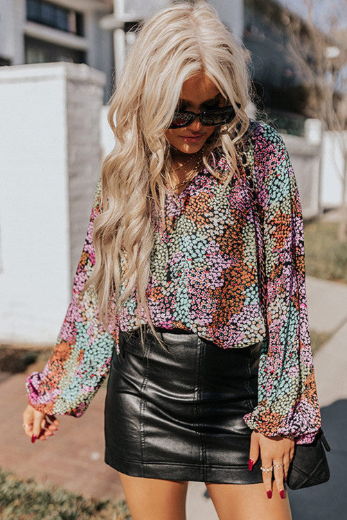 Multicolor Vibrant Floral Tie V Neck Puff Sleeve Blouse (Preorder)