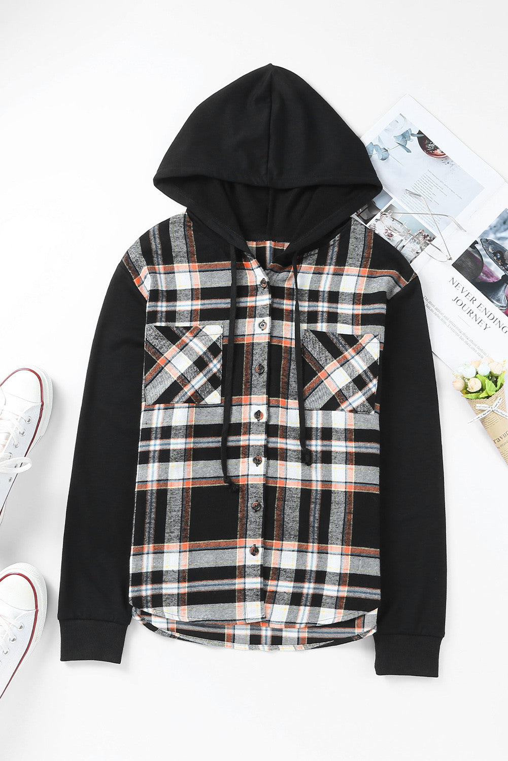 Black Plaid Buttons Long Sleeve Hooded Jacket (Preorder)