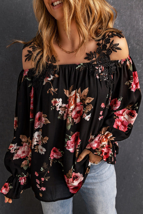 Black Floral Print Lace Patchwork Loose Cold Shoulder Blouse (Preorder)