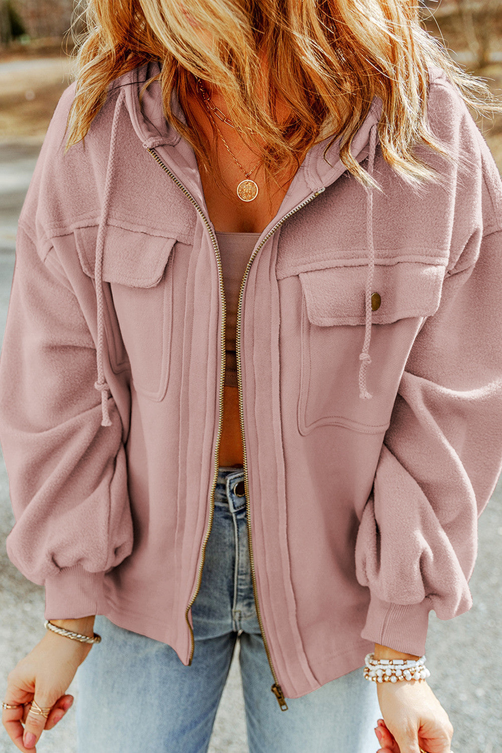 Pink Flap Pocket Drawstring Hood Zip Up Jacket (Preorder)