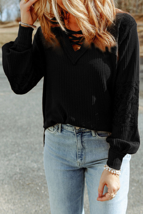 Black Waffle Lace Up Top (Preorder)