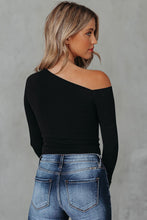 Load image into Gallery viewer, Black Asymmetrical Neckline Long Sleeve Knit Top (Preorder)

