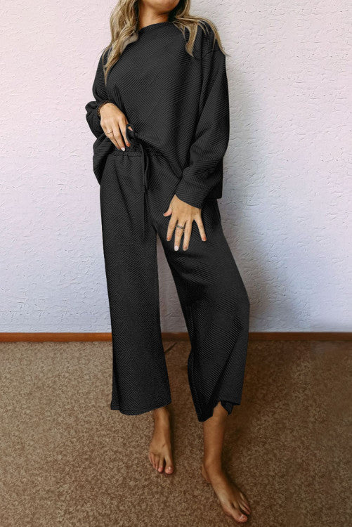 Long Sleeve Textured Cropped Pant Set (Preorder)