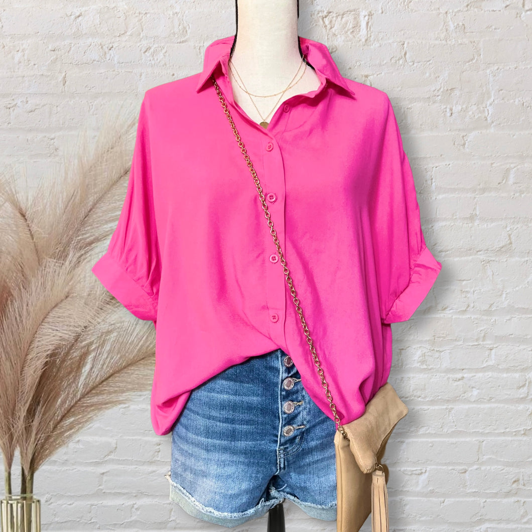 Oversized Pink Dolman Sleeve Button Down (Preorder)