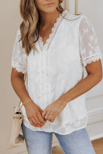 Load image into Gallery viewer, White Jacquard Lace Crochet Contrast V Neck T Shirt (Preorder)
