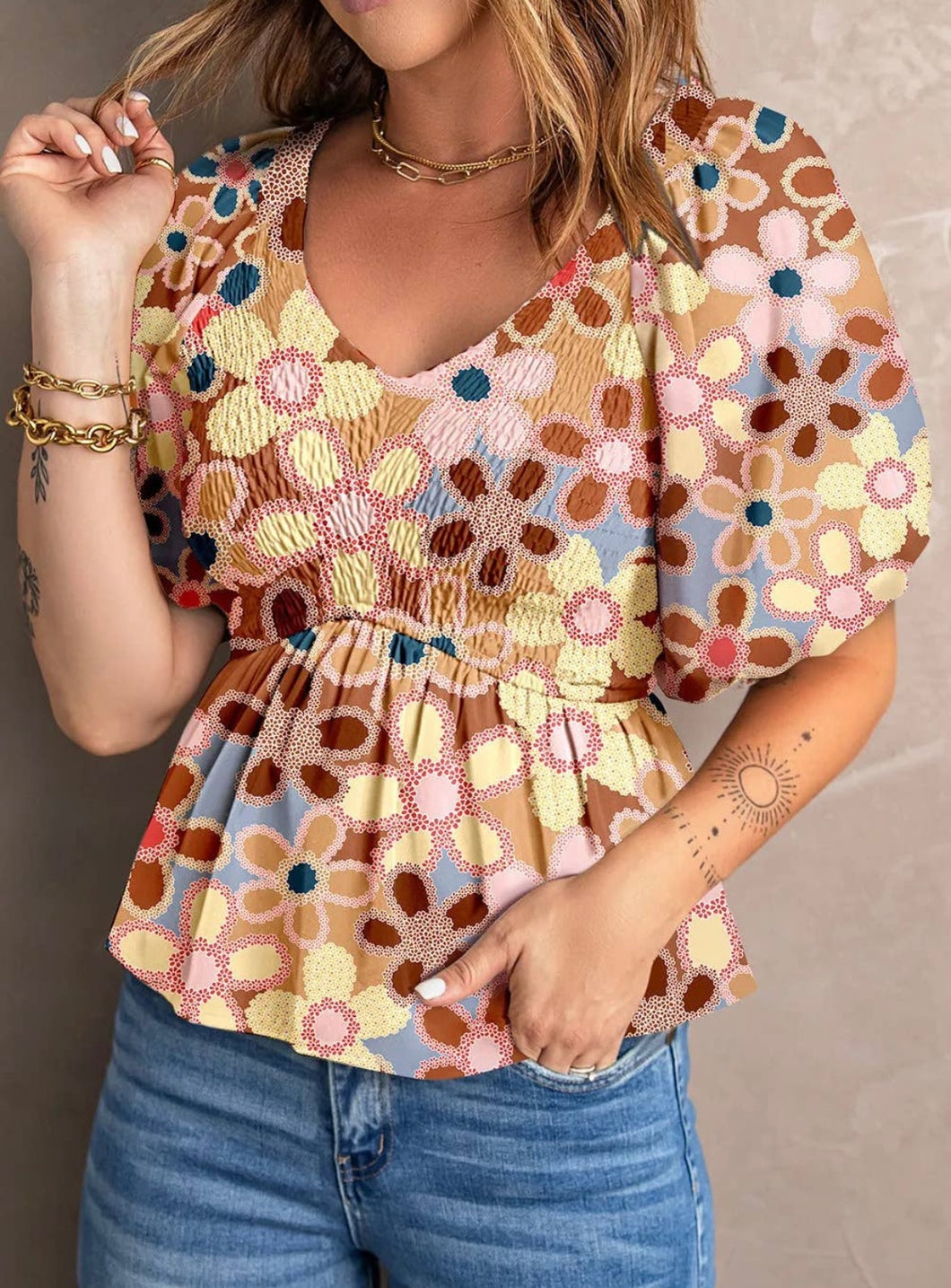 Boho Smocked Floral Puff Sleeve Top