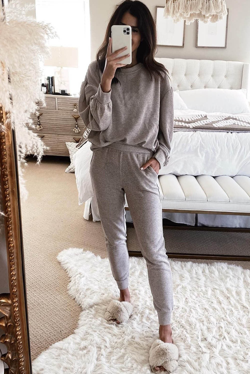 Gray Long Puff Sleeve Top Casual Two Piece Set (Preorder)