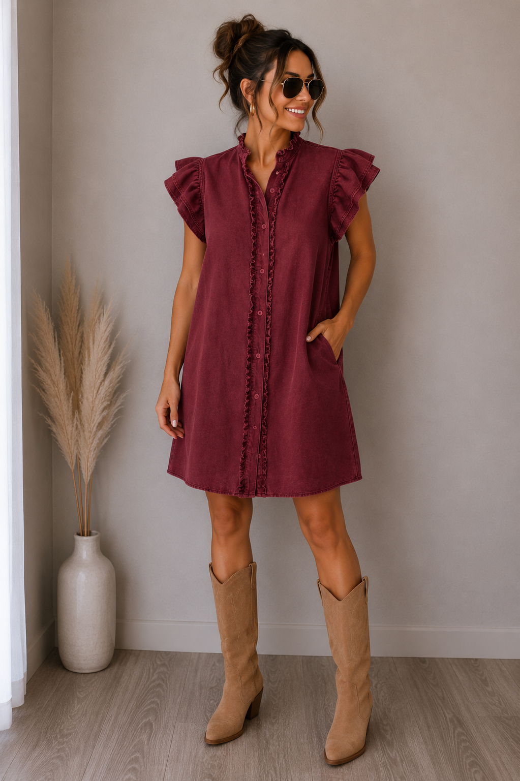 burgundy denim dress ASOS DESIGN denim boxy shirt dress with pocket detail in light burgundy