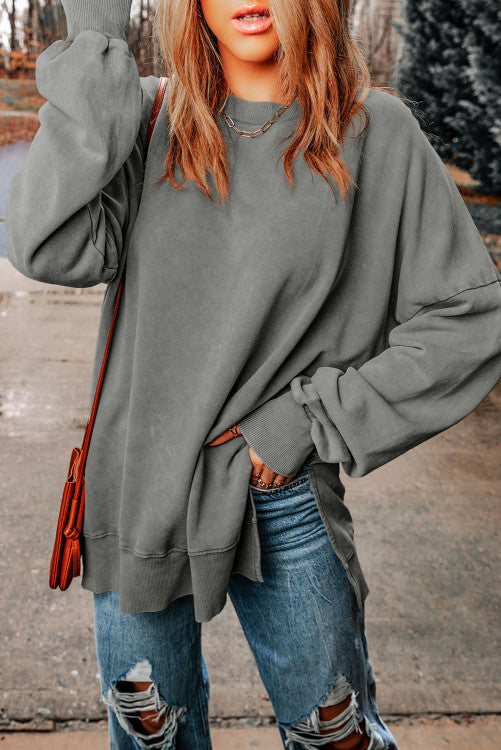 Gray Drop Shoulder Ribbed Trim Oversized Sweatshirt