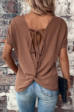 Load image into Gallery viewer, Brown Lace-up Open Back Waffle Knit Short Sleeve T Shirt (Preorder)
