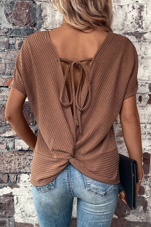 Brown Lace-up Open Back Waffle Knit Short Sleeve T Shirt (Preorder)