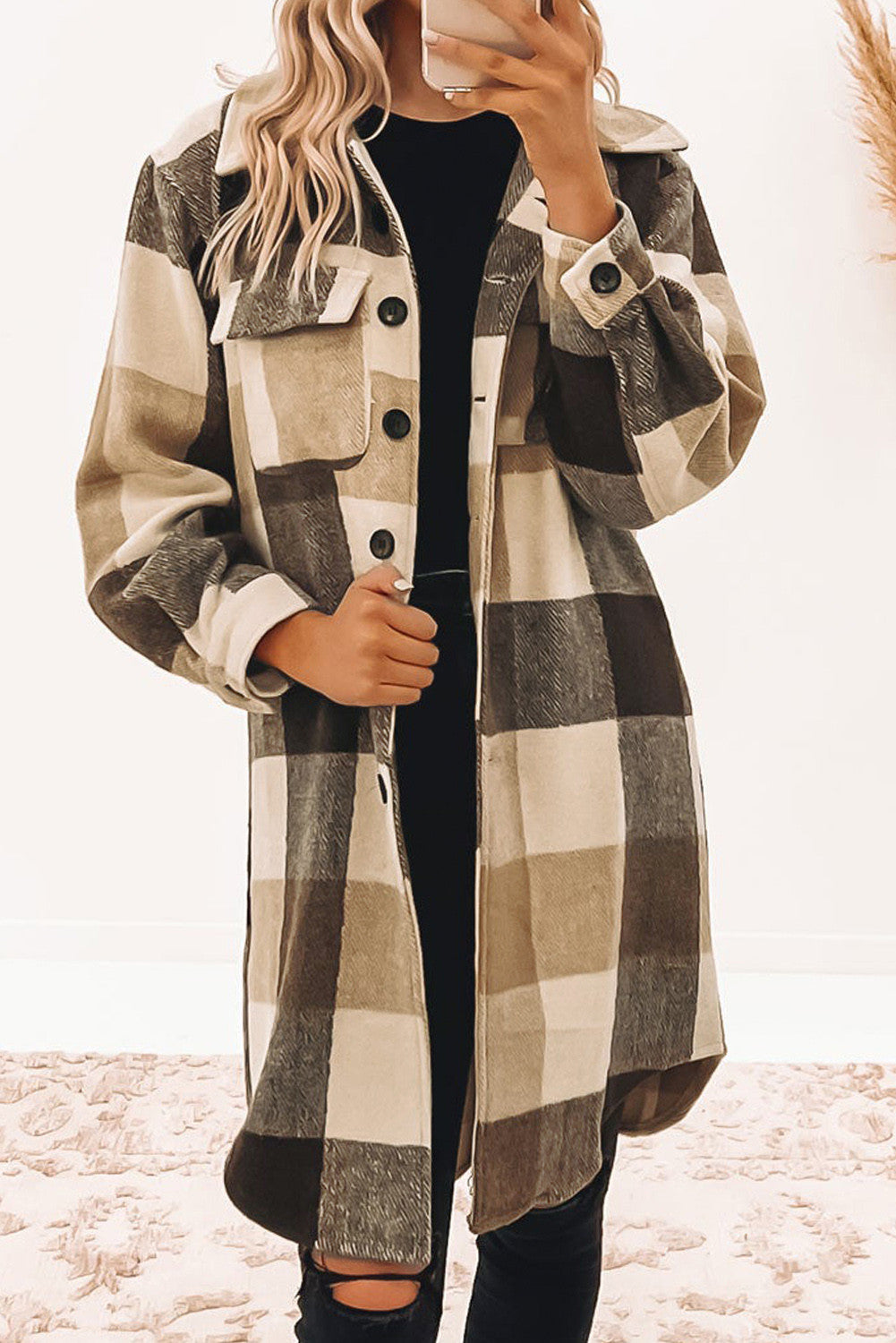 Khaki Plaid Button-Down Flap Pocket Long Shacket (Preorder)