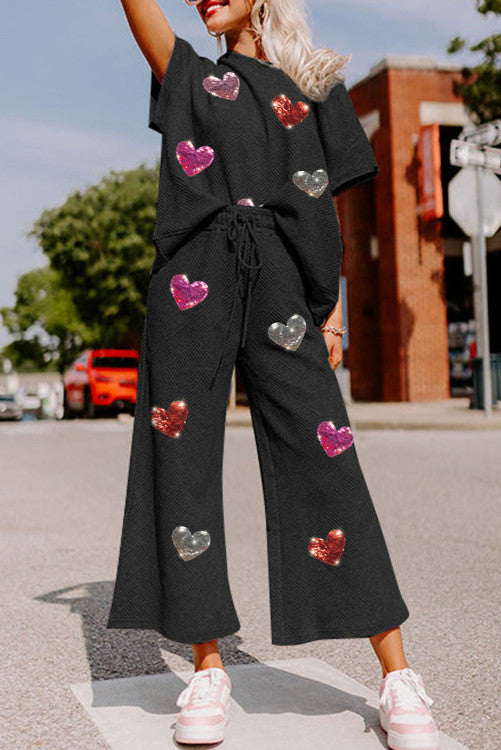 Sequin Heart Textured Pant Set (Preorder)