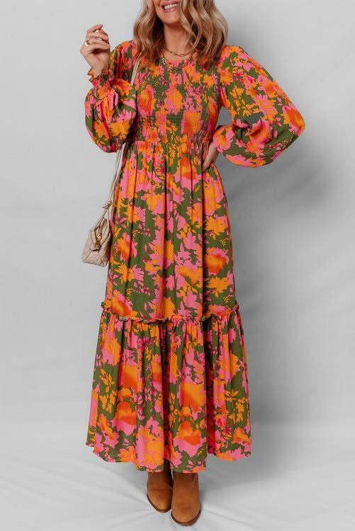Orange Long Sleeve Printed Maxi Dress (Preorder)