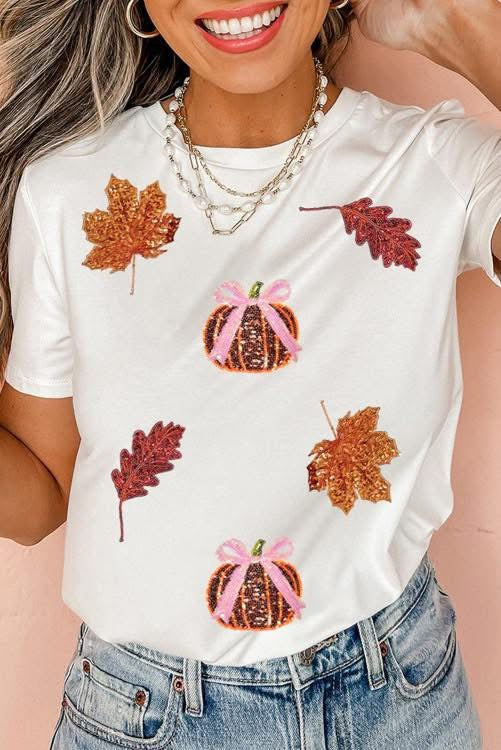 Sequin Pumpkin and Leaf Tee (Preorder)