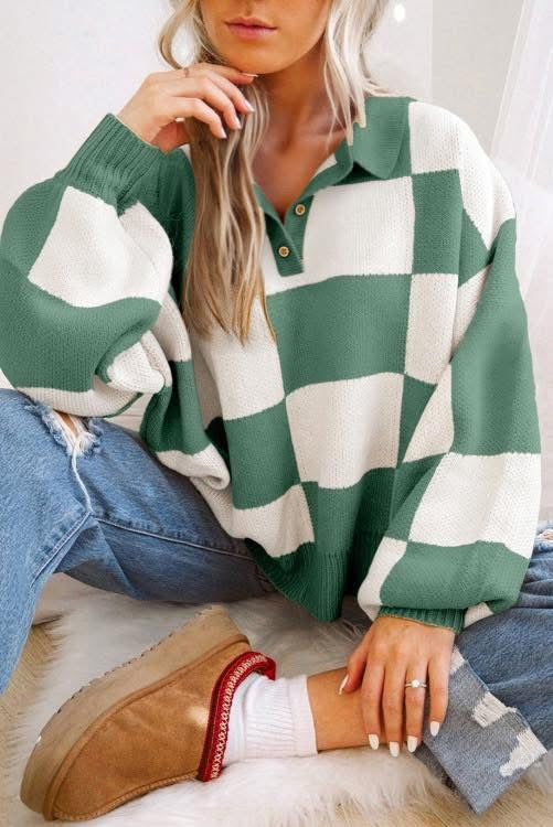 Cream and Green Checkered Sweater (Preorder)