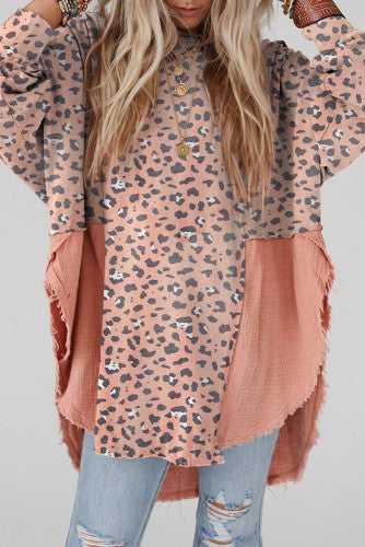 Pink Leopard Patchwork Raw Edge Oversized Top (preorder)