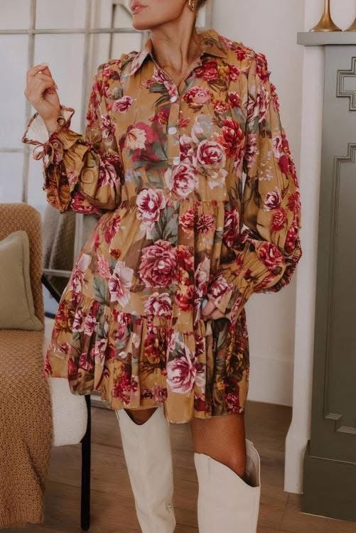 Tan and Red Floral Dress (Preorder)