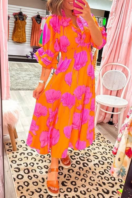 Orange and Pink Floral Maxi Dress (Preorder)