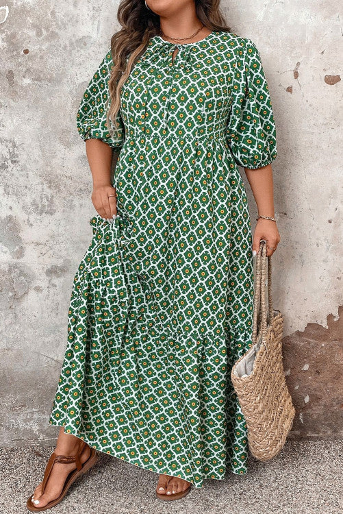 Plus Green Printed Maxi Dress (Preorder)