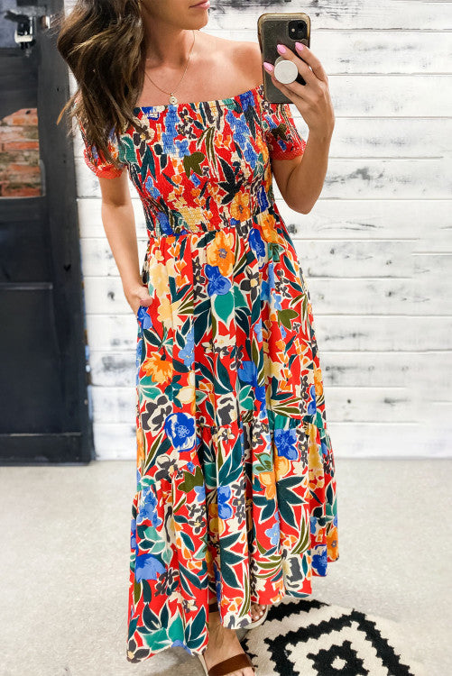 Smocked Abstract Printed Maxi Dress (Preorder)