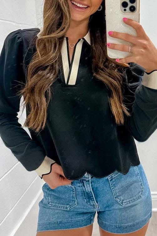 Black and Cream Scalloped Hem Top (Preorder)