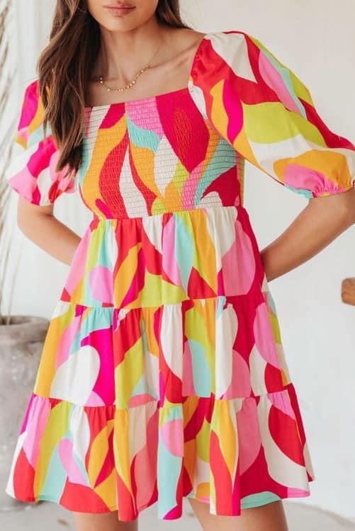 Puff Sleeve Abstract Printed Dress (Preorder)