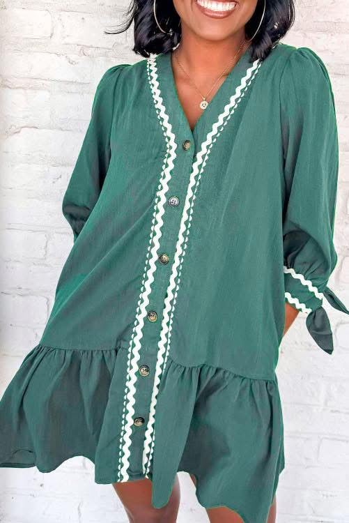 Green Button Down Bow Cuff Dress (Preorder)