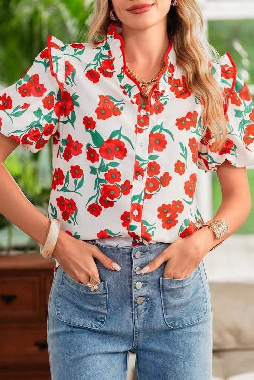 Red Floral Puff Sleeve Blouse (Preorder)