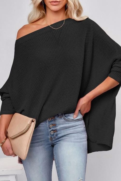 Off the Shoulder Black Waffle Top (preorder)