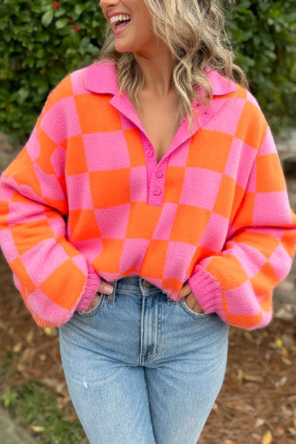 Pink and Orange Checkered Sweater (Preorder)