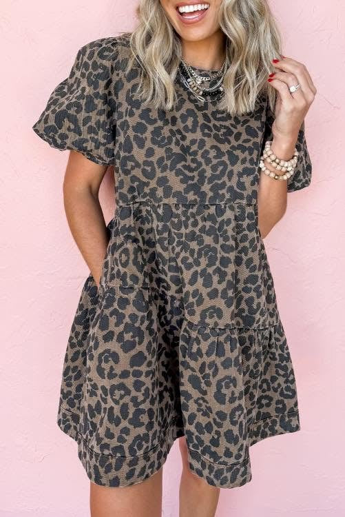 Babydoll Puff Sleeve Leopard Dress (Preorder)