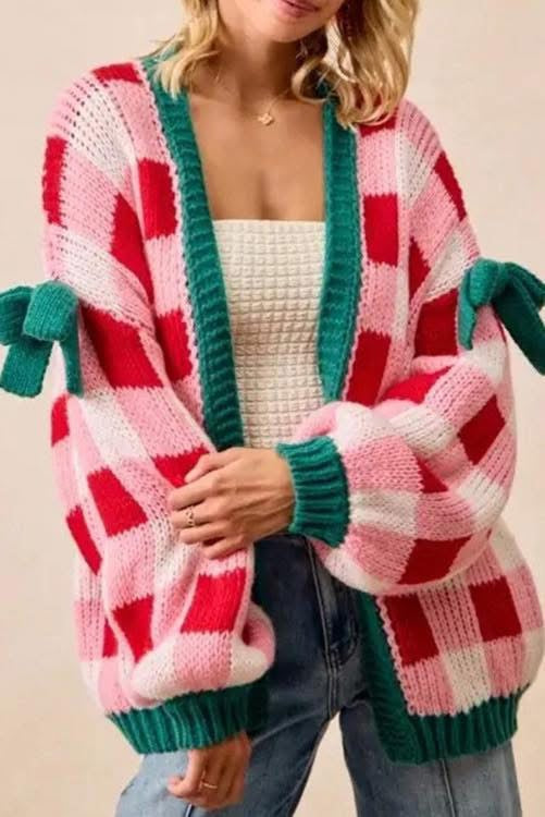 Chunky Bow Detail Plaid Cardigan (Preorder)