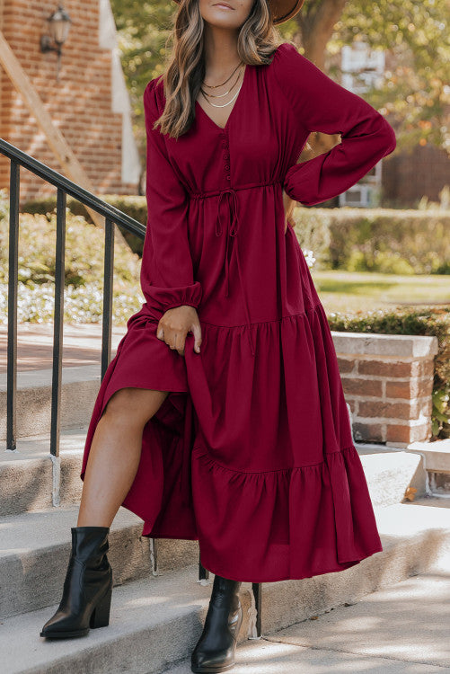 Deep Red Long Sleeve Maxi Dress (Preorder)