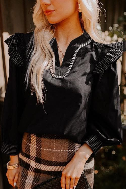 Black Ruffle Sleeve Blouse (Preorder)
